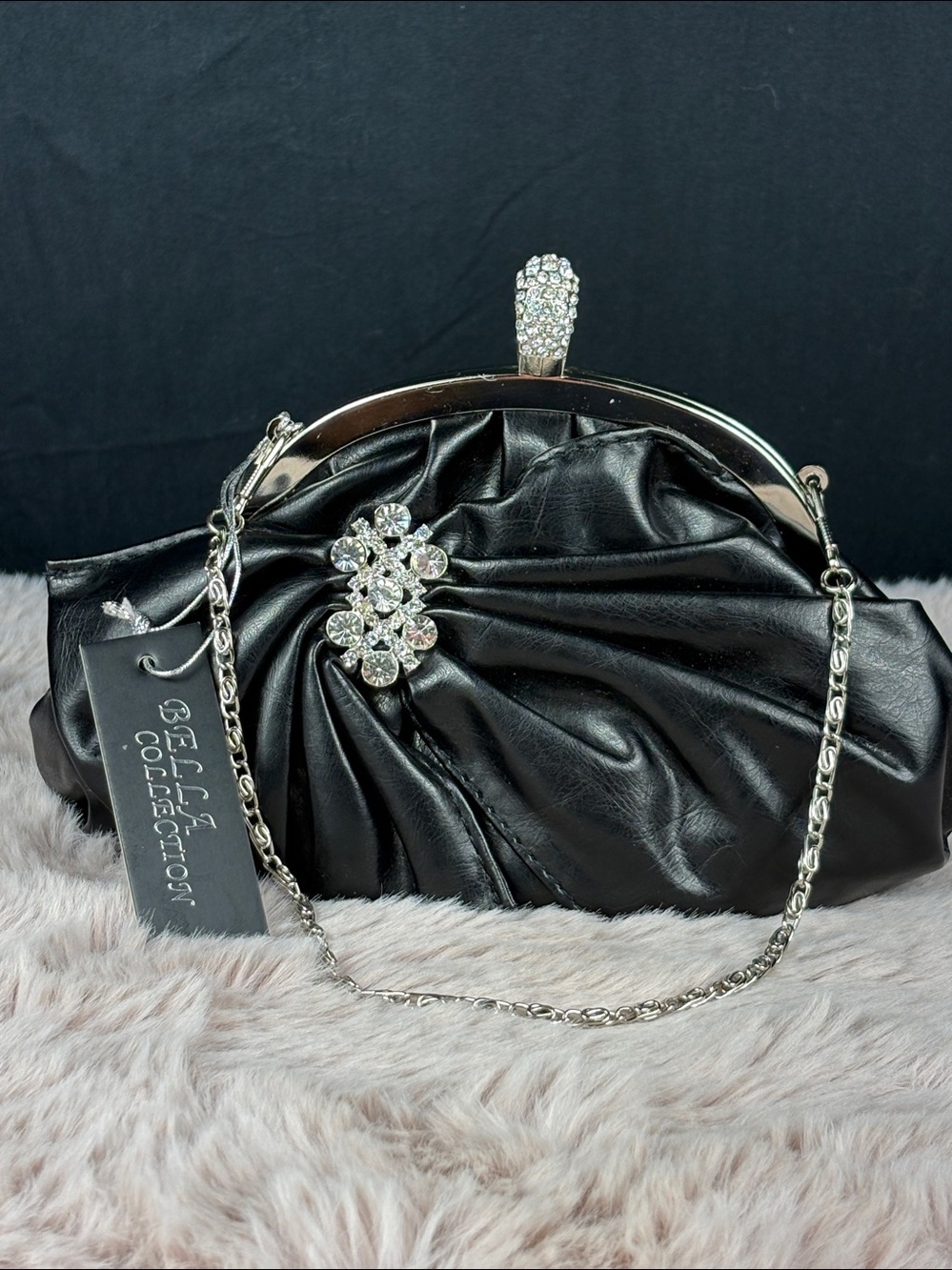 Bella Collection Black Faux Leather Rhinestone Bow Evening Clutch Bag NWT